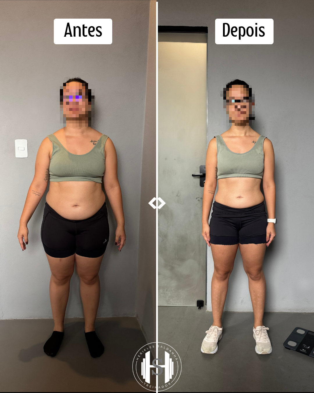 foto de antes e depois de transformação corporal de aluna em treino de musculação