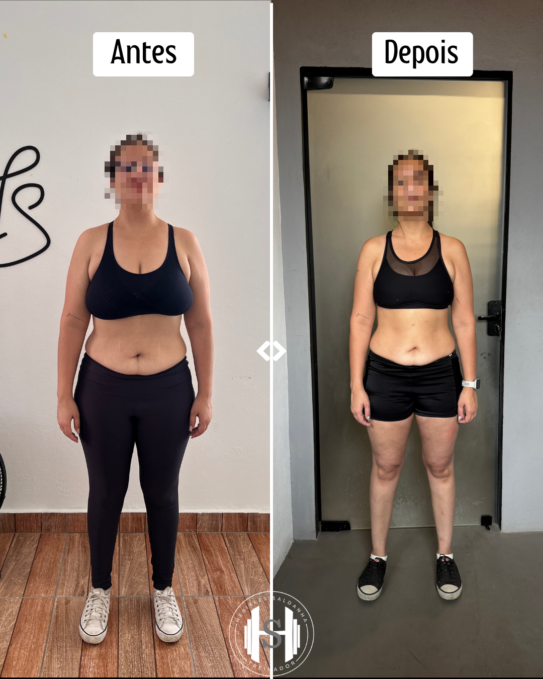 foto de antes e depois de transformação corporal de aluna em treino de musculação