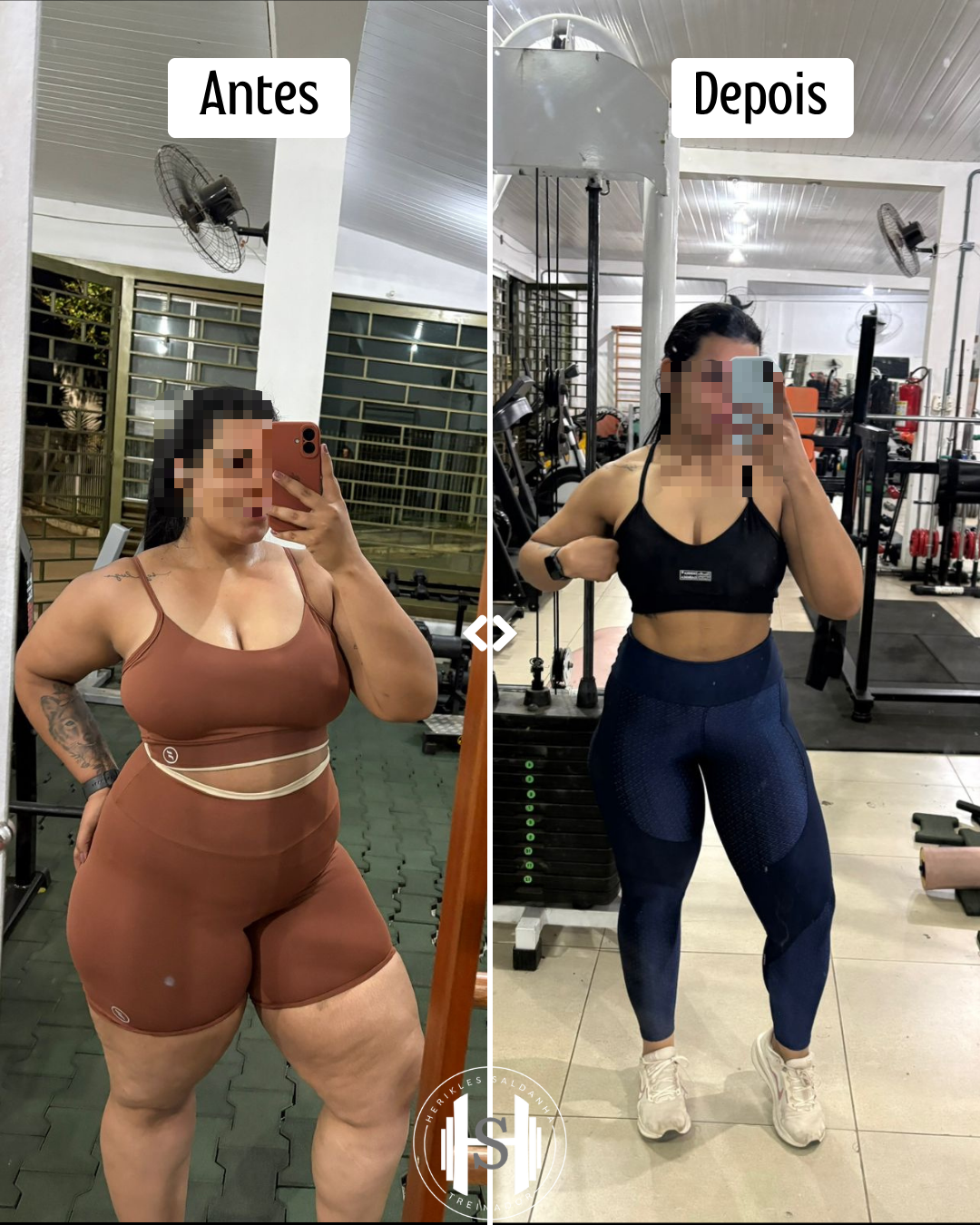 foto de antes e depois de transformação corporal de aluna em treino de musculação